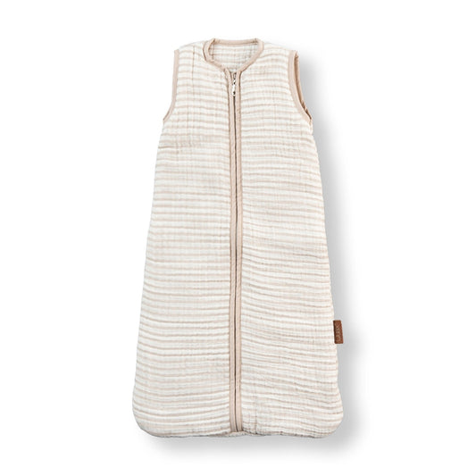 Quax Muslin Baby Sleeping Bag 2.5 TOG 0–6 Months in Natural Stripes, made from 100% cotton double muslin on white background
