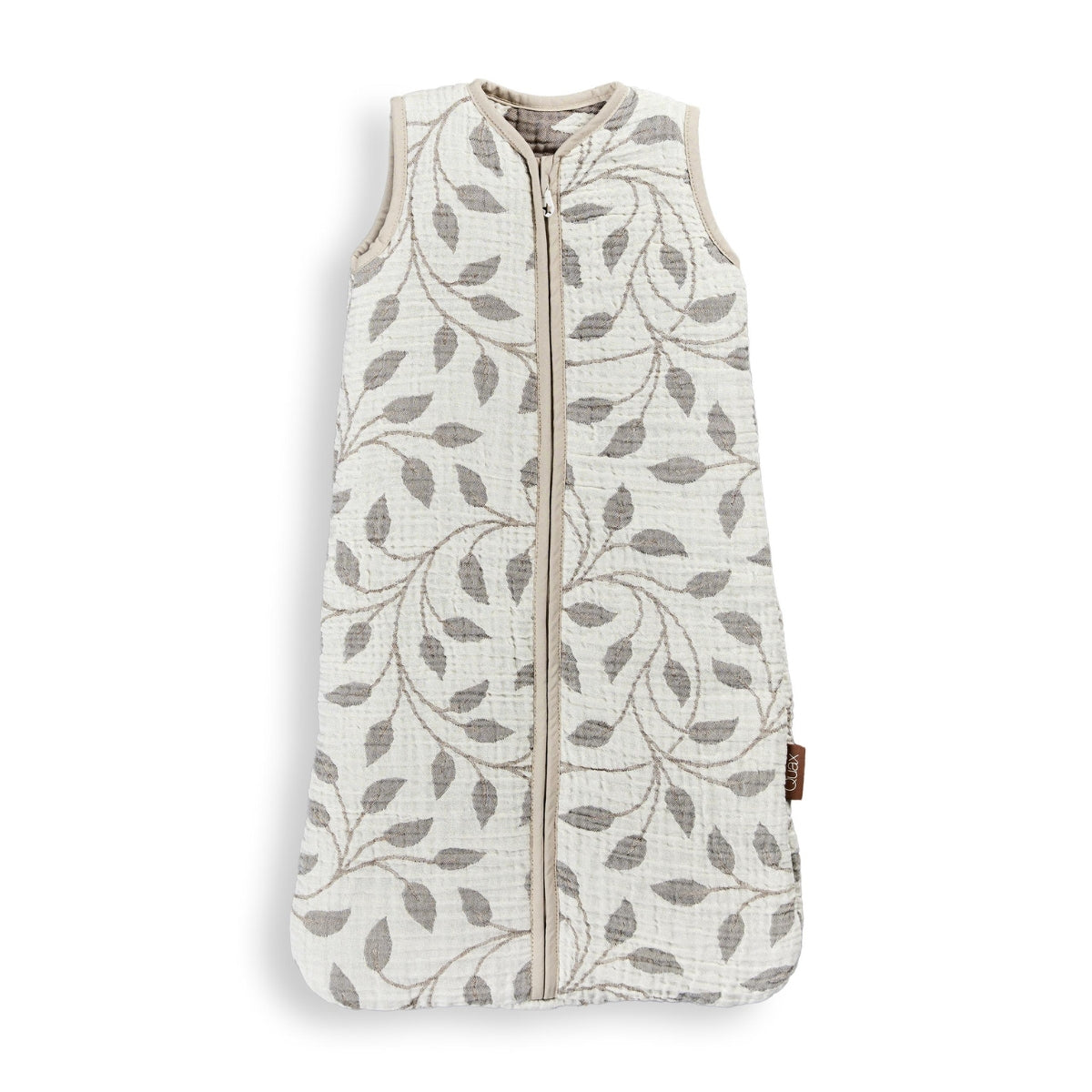 Quax Muslin Baby Sleeping Bag 0–6 Months in Natural Leaf, made from soft 100% cotton double muslin on plain white background