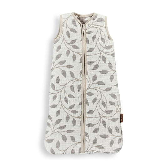 Quax Muslin Baby Sleeping Bag 0–6 Months in Natural Leaf, made from soft 100% cotton double muslin on plain white background
