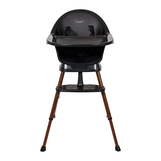 quax ultimo 3 luxe highchair black walnut with black tray on plain white background
