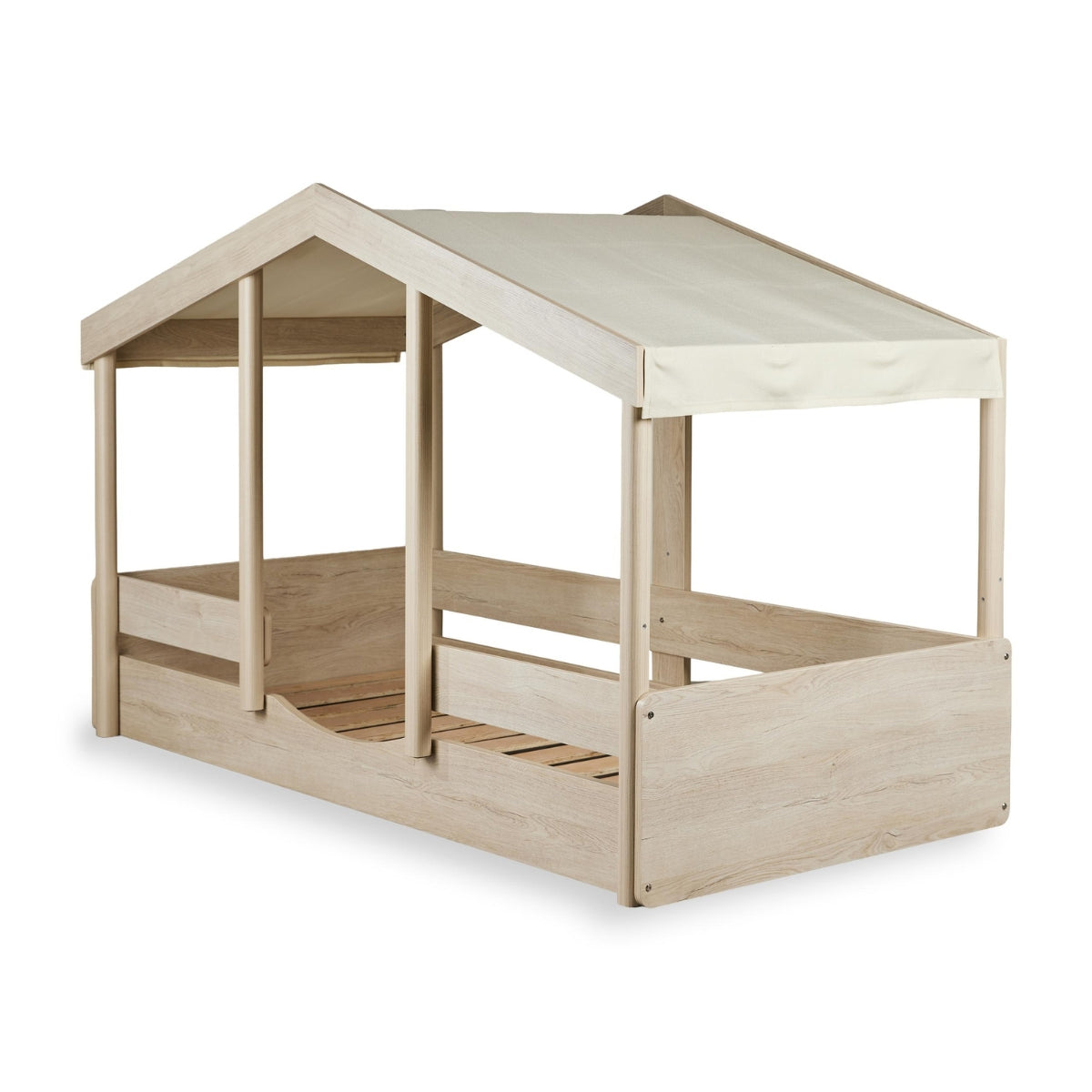 Quax Cottage Montessori Toddler Floor Bed 90 x 200cm in natural wood with Butter fabric roof cover on white background