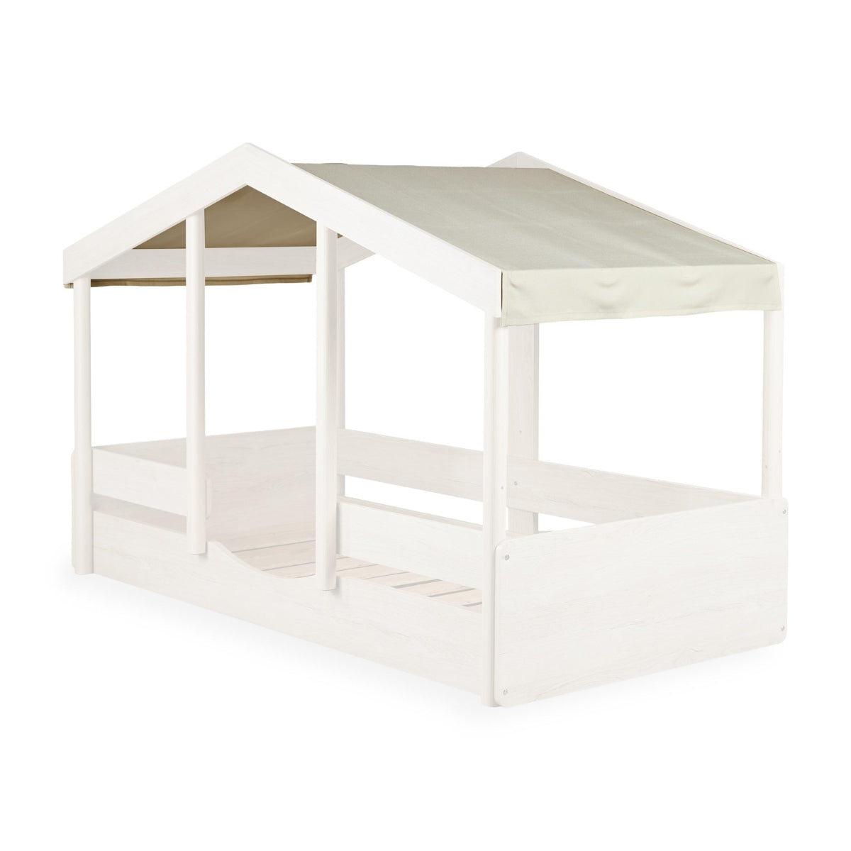 Quax Cottage Montessori House Bed 90 x 200cm in natural wood faded to highlight Butter fabric roof cover
