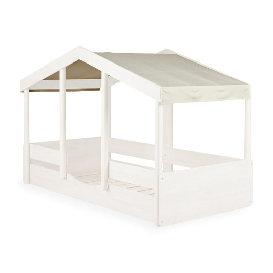 Quax Cottage Montessori House Bed 90 x 200cm in natural wood faded to highlight Butter fabric roof cover