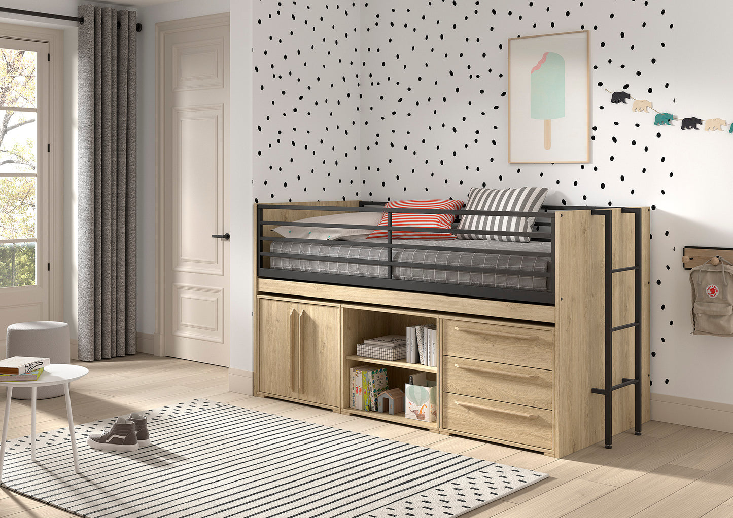 VIPACK SAM European mid sleeper 90 X 200 cm oak with storage drawers & shelving unit