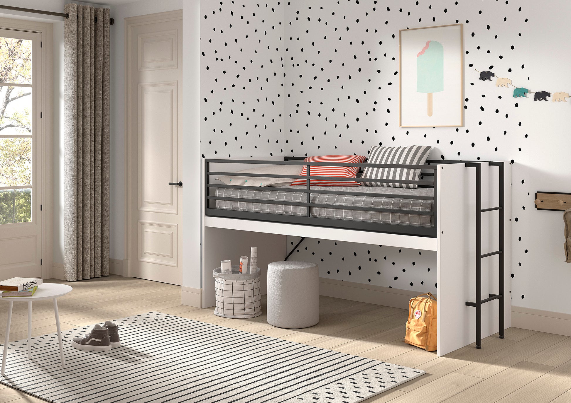 A modern children’s bedroom with a mid sleeper cabin bed that has an extendable wooden desk underneath.  The desk has been folded away for storage. The bed has a white finish with black metal railings and ladder. The desk holds books, colorful dinosaur toys, and a laptop. 
