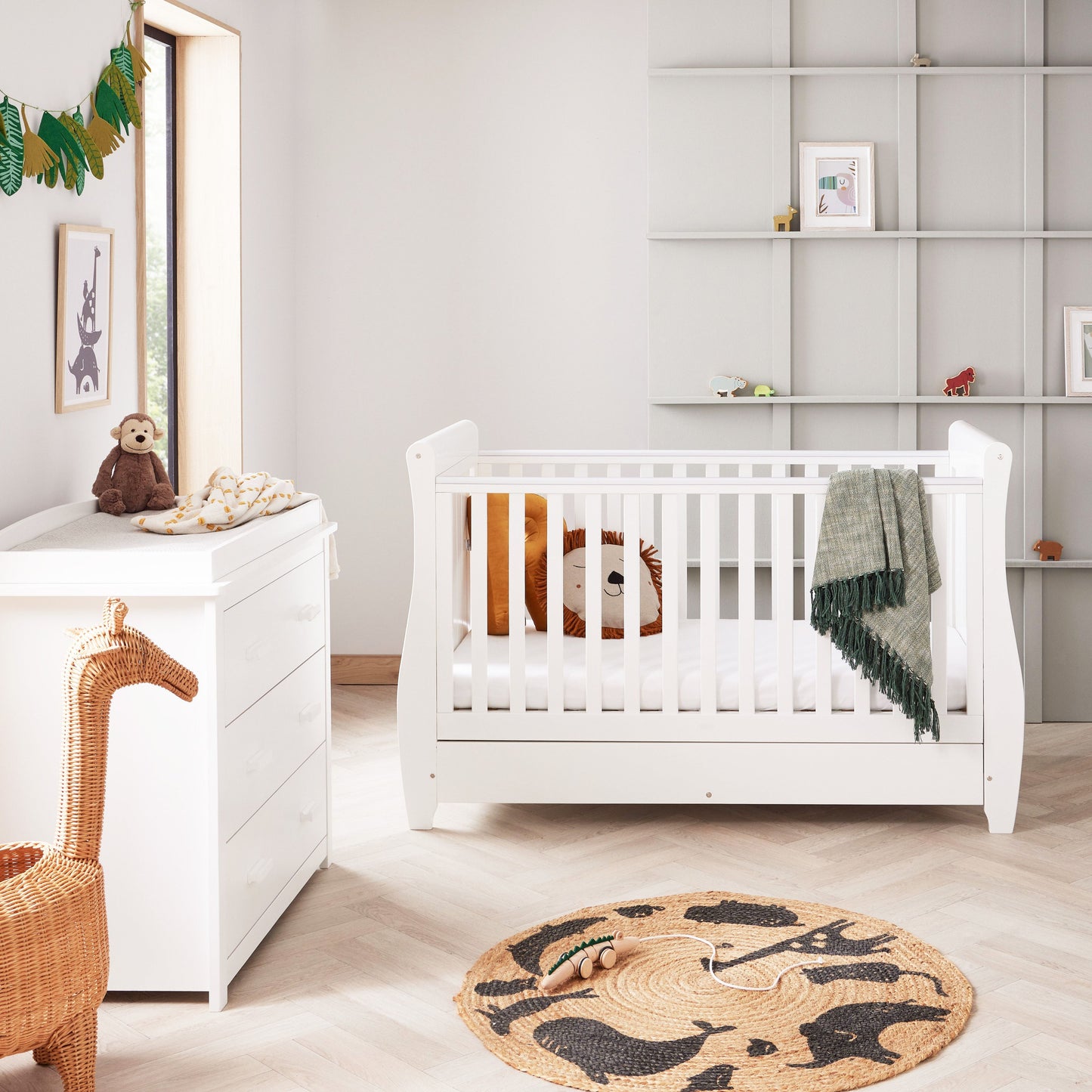 Babymore Stella Sleigh Cot Bed 140 x 70cm 2 Piece Room Set White