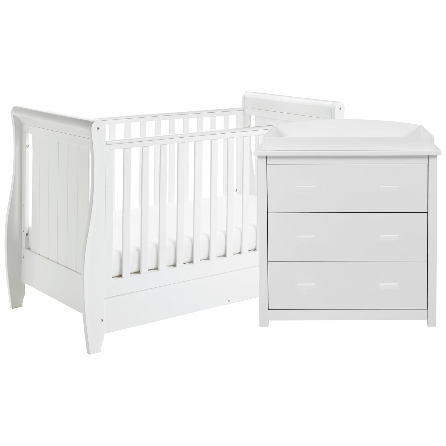 Babymore Stella Sleigh Cot Bed 140 x 70cm 2 Piece Room Set White