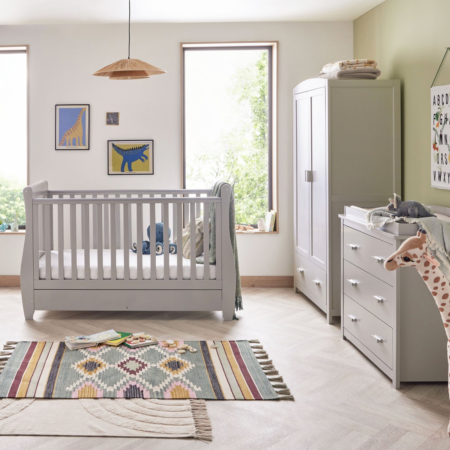 Babymore Stella Sleigh Cot Bed 140 x 70cm 3 Piece Room Set Grey