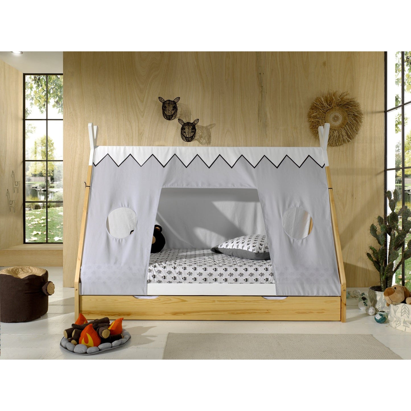 VIPACK TIPI European raised single tent bed 90 X 200cm white with cover and storage drawer