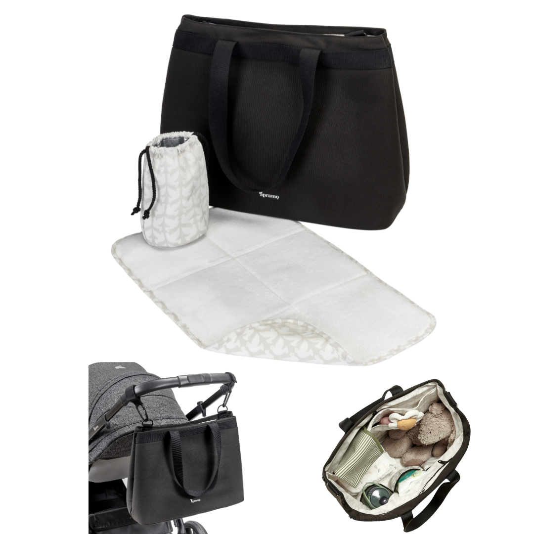 Black baby changing pram stroller pushchair bag with insulated bottle holder and changing mat