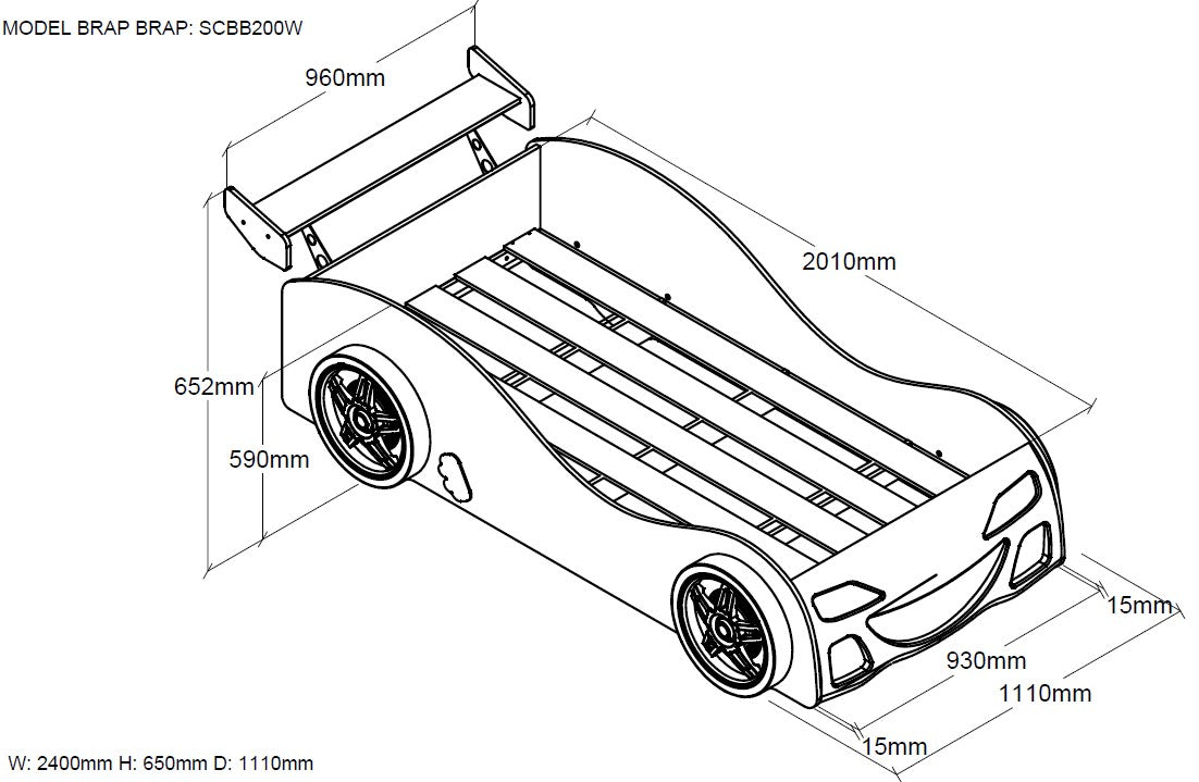 VIPACK BRAP BRAP European single racing car kids bed 90 X 200cm white