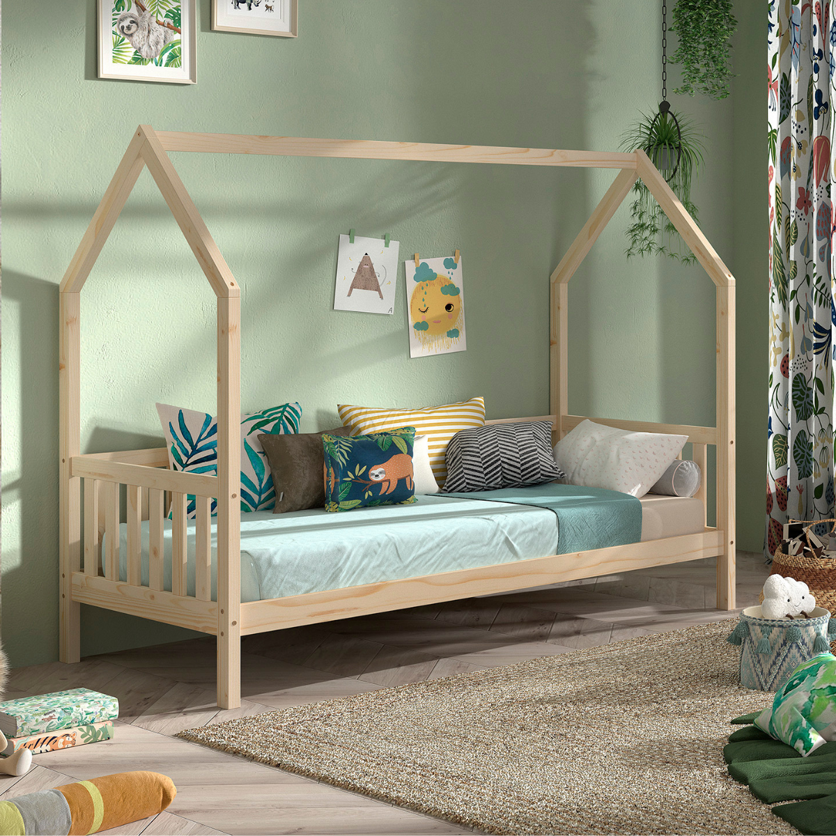 VIPACK JAXX CABANE kids house bed 90 x 200cm with fence natural