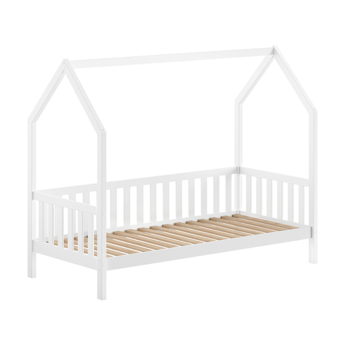 Sturdy looking FSC certified wooden white house shaped kids bed frame only with no mattress with guard rail on three sides on a plain white background. Strong wooden bed slats are visible as the mattress is not in place. 