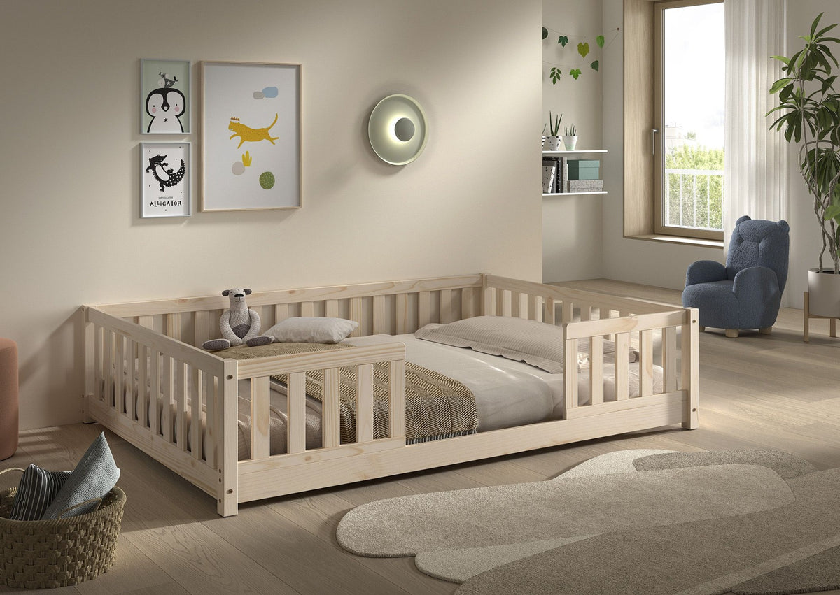 VIPACK DALLAS natural pine double floor bed with bed guard and open access