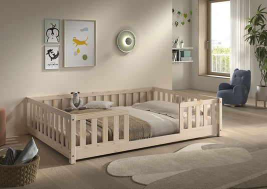 VIPACK DALLAS natural pine double floor bed with bed guard and open access