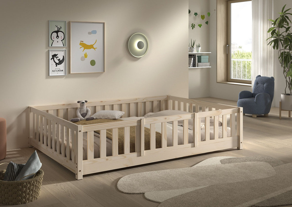 VIPACK DALLAS natural pine double floor bed with full side bed guard