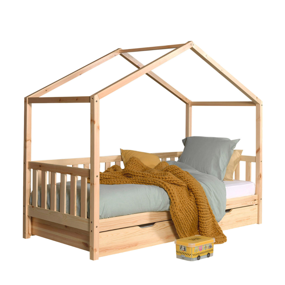 VIPACK DALLAS European single house shaped day bed 90 X 200cm with fence natural