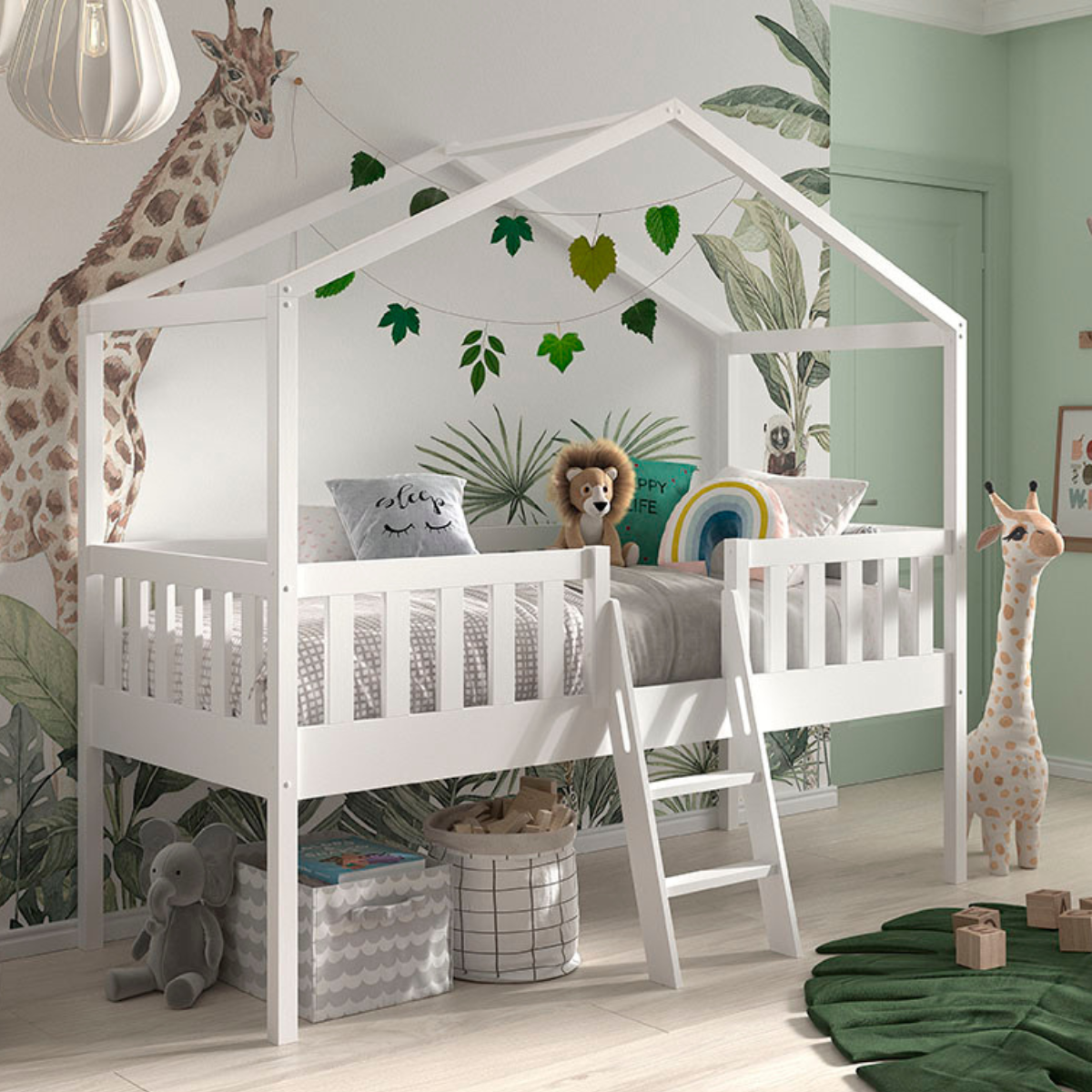VIPACK DALLAS European single house bed 90 X 200cm with fence & ladder white