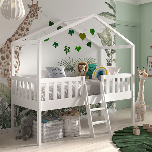 VIPACK DALLAS European single house bed 90 X 200cm with fence & ladder white