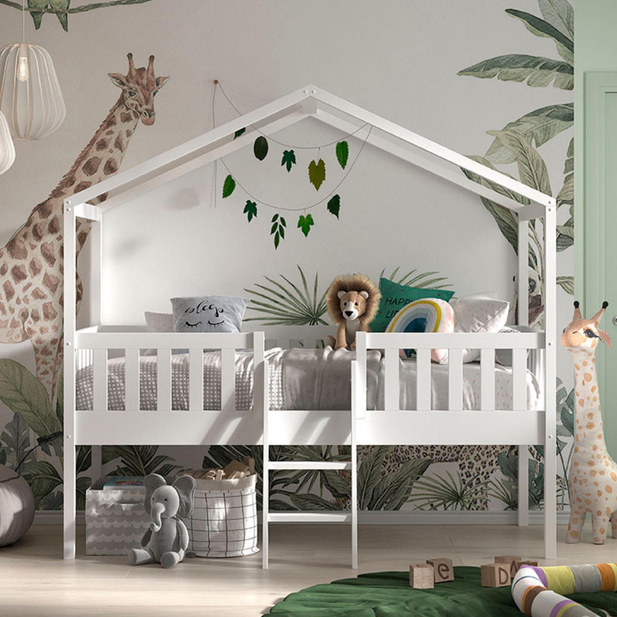 VIPACK DALLAS European single house bed 90 X 200cm with fence & ladder white
