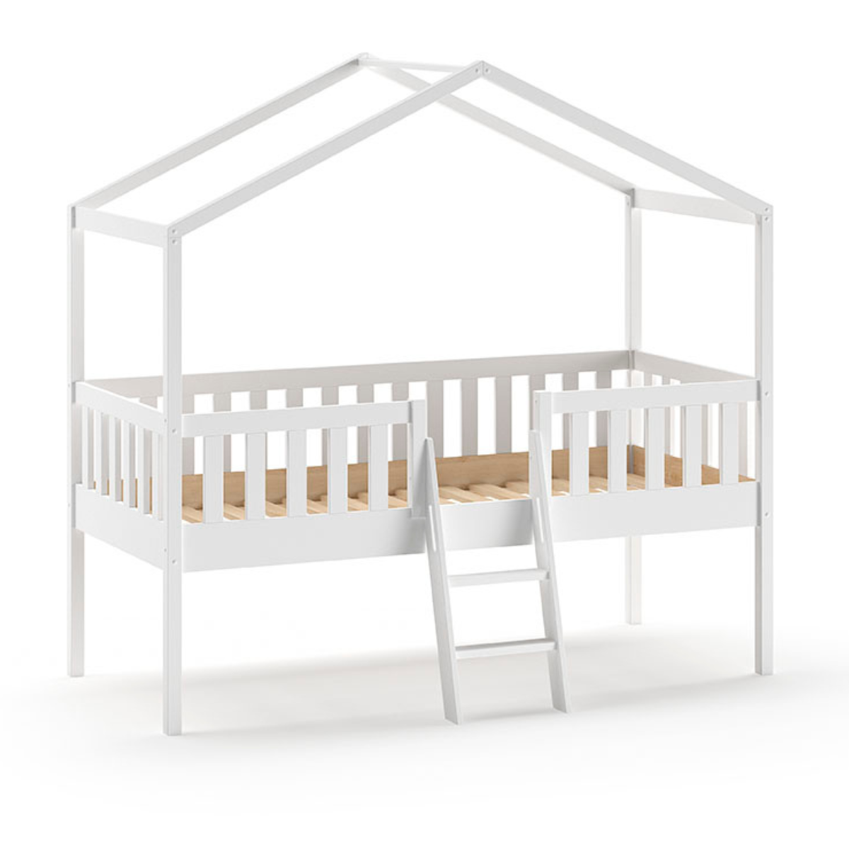 VIPACK DALLAS European single house bed 90 X 200cm with fence & ladder white