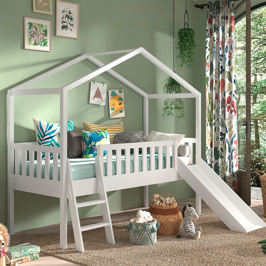 VIPACK DALLAS European single house bed 90 X 200cm with fence & slide white