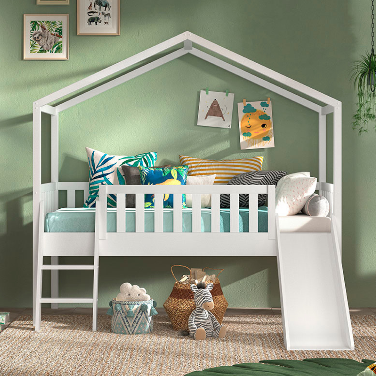 VIPACK DALLAS European single house bed 90 X 200cm with fence & slide white