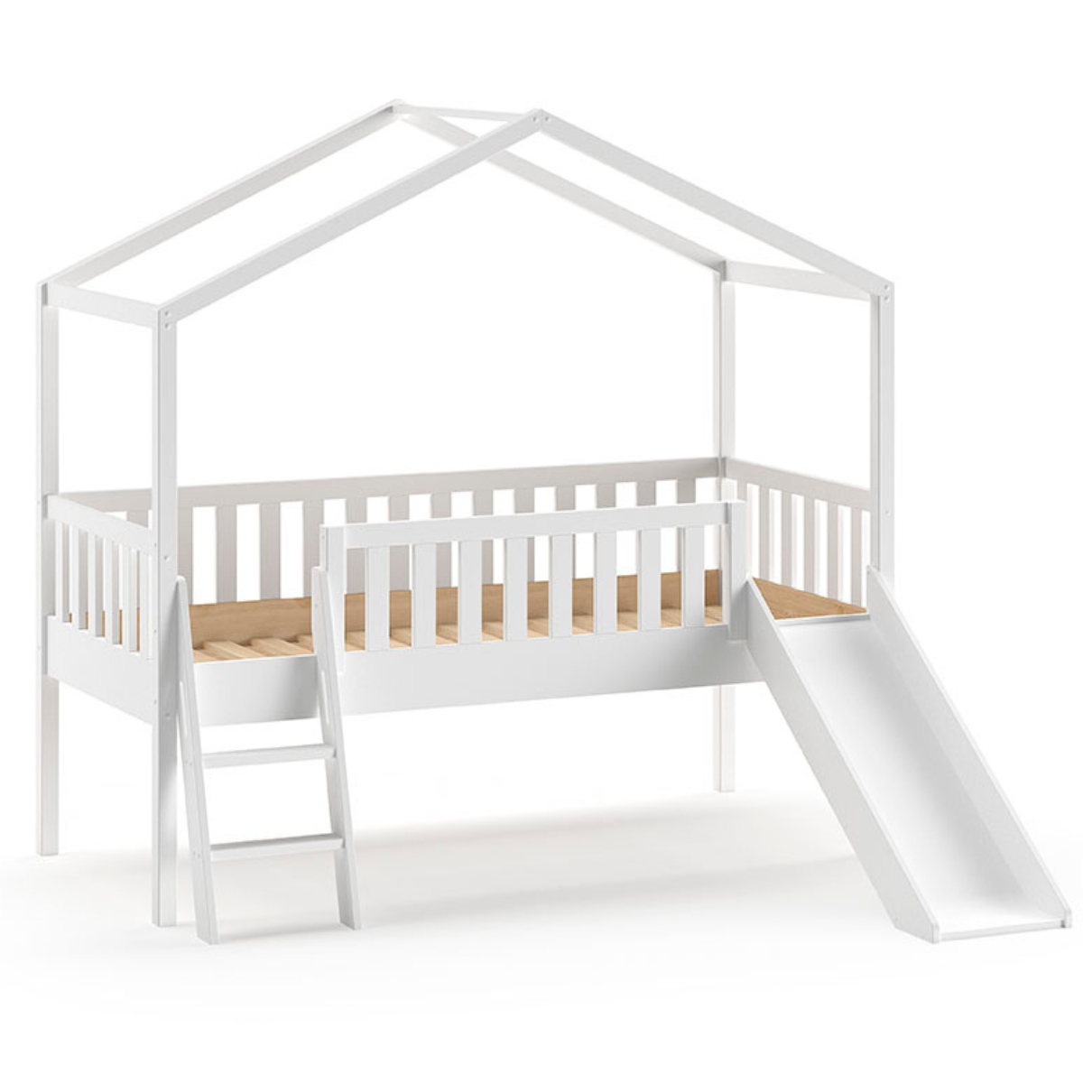 VIPACK DALLAS European single house bed 90 X 200cm with fence & slide white