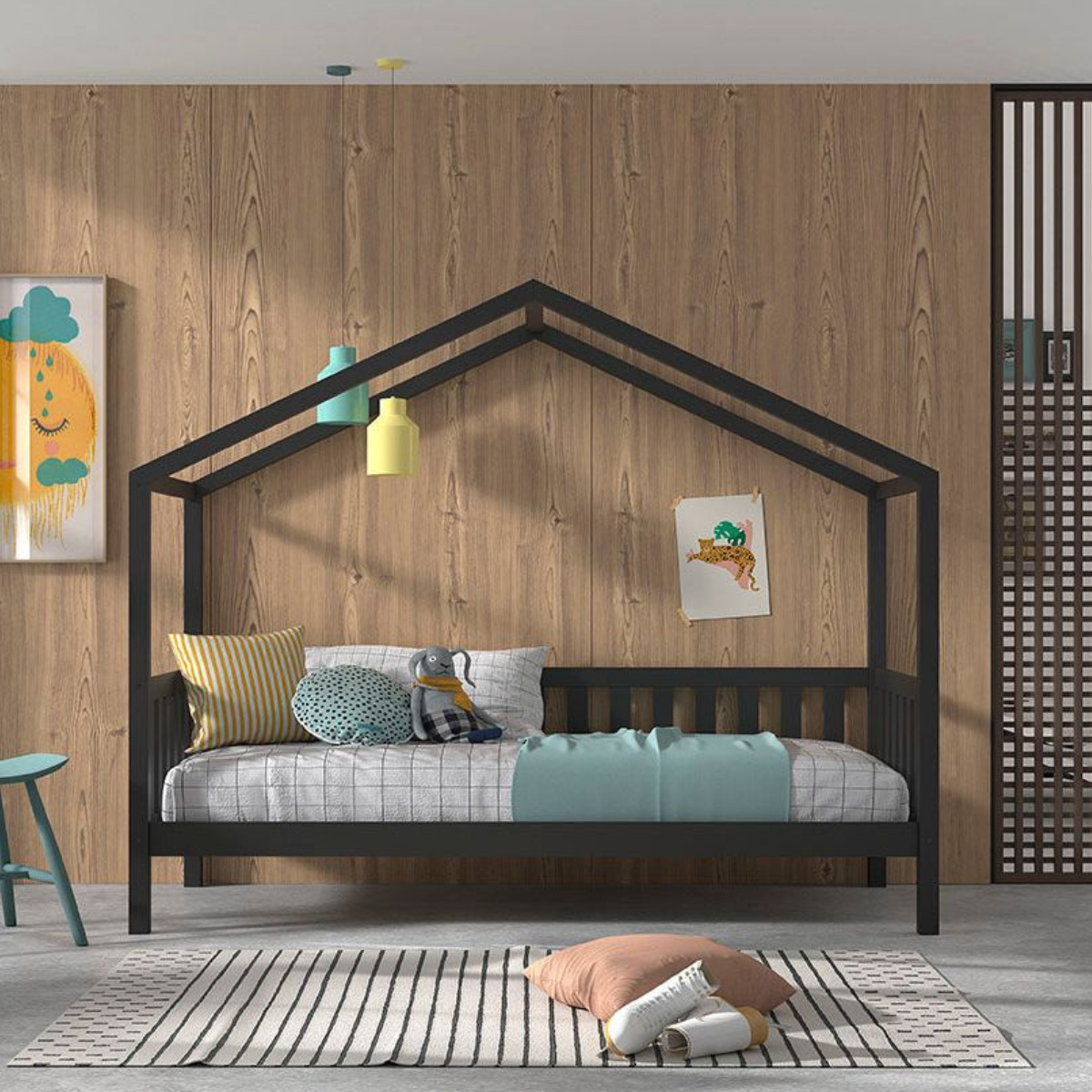 VIPACK DALLAS house bed in anthracite with raised sides front view in modern home