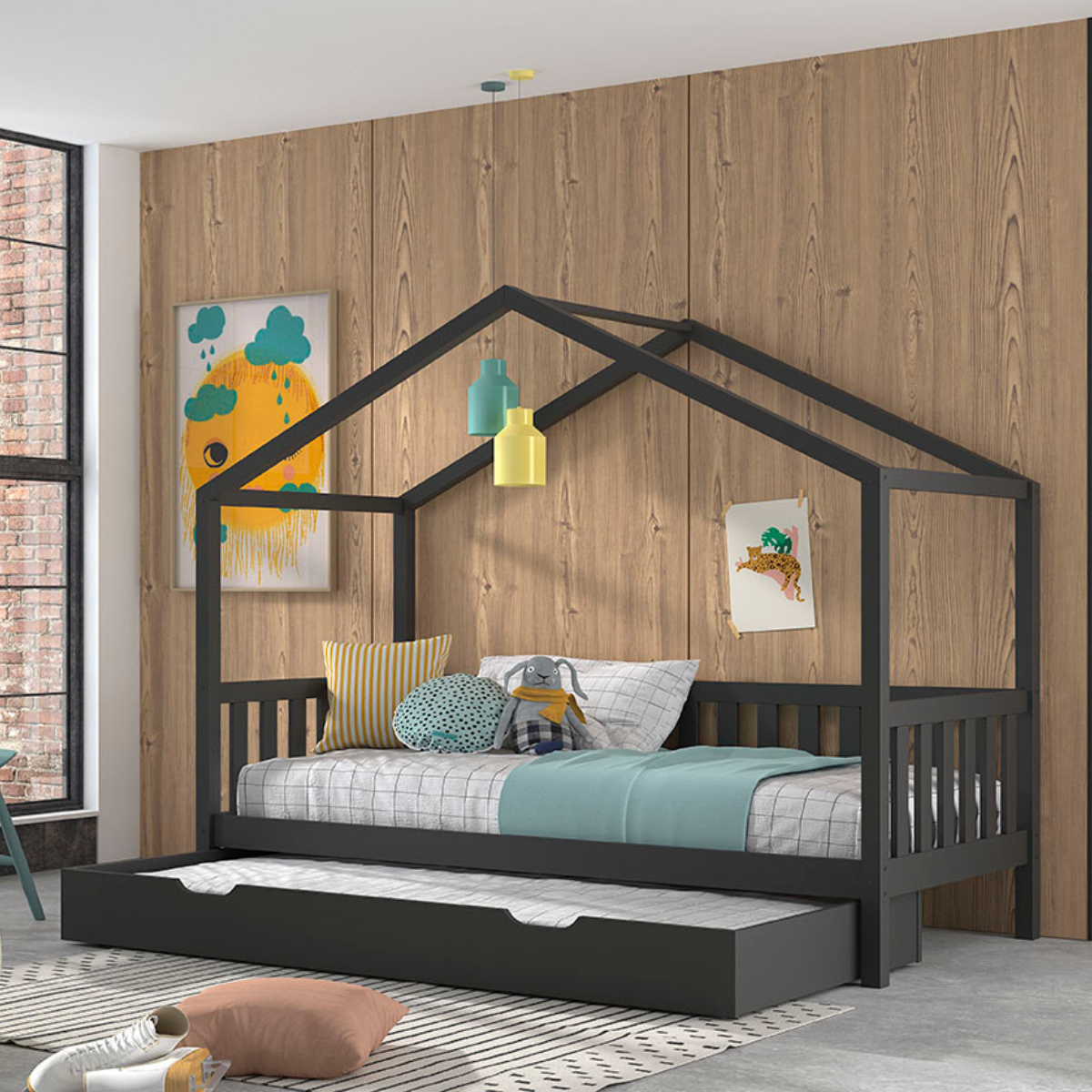 VIPACK DALLAS European single house bed 90 X 200cm with fence anthracite