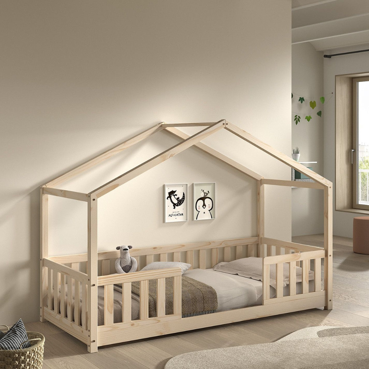 VIPACK DALLAS montessori house shaped toddler floor bed in natural wood in modern European nursery room