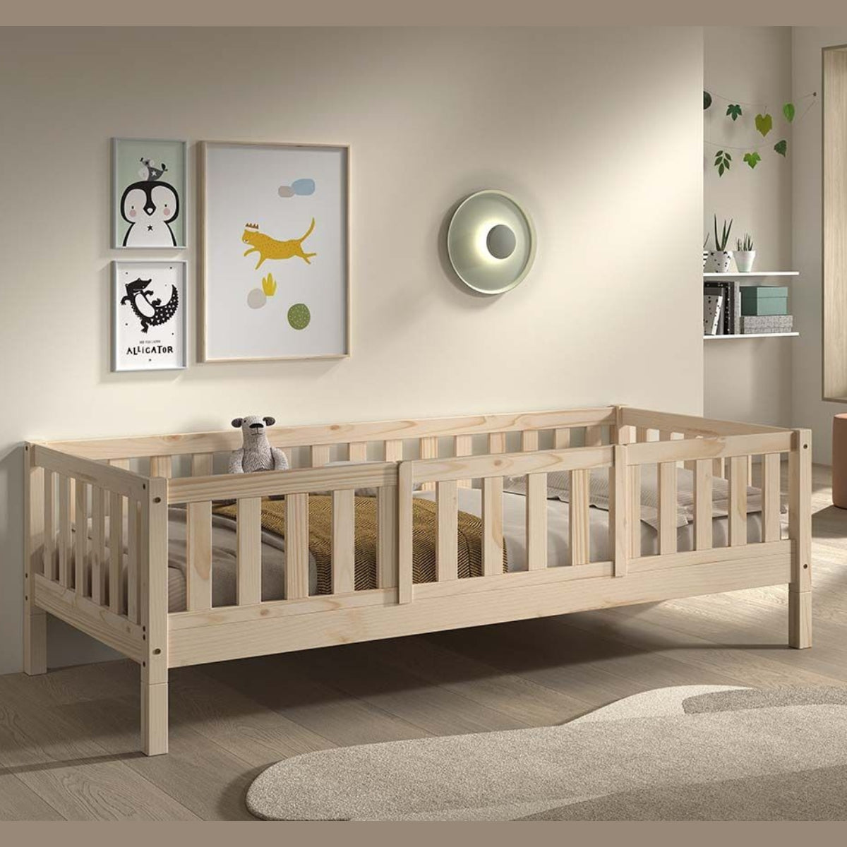 VIPACK DALLAS natural wood day bed with full length toddler bed guard