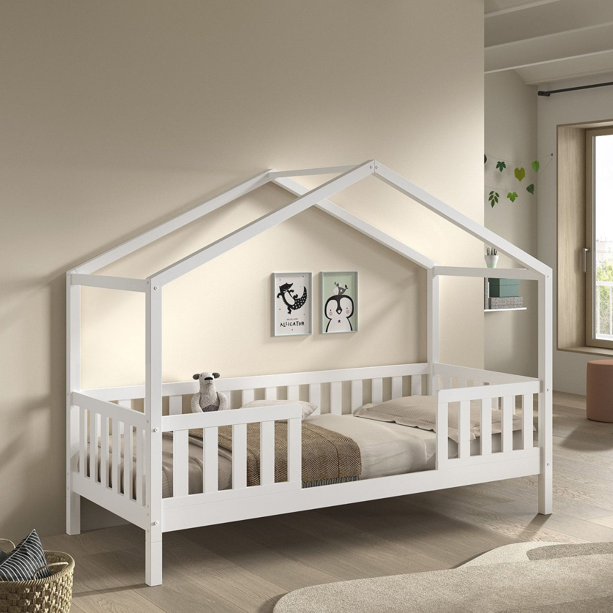 Scandi-style kids' bedroom featuring a white house-shaped raised floor bed for independent toddler sleep