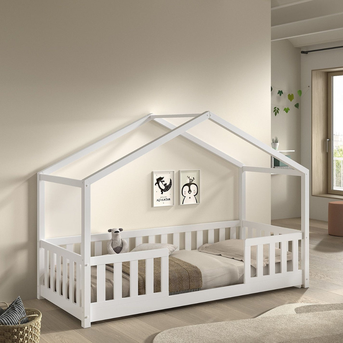 White wooden house bed with safety rails for toddlers, Montessori floor bed design