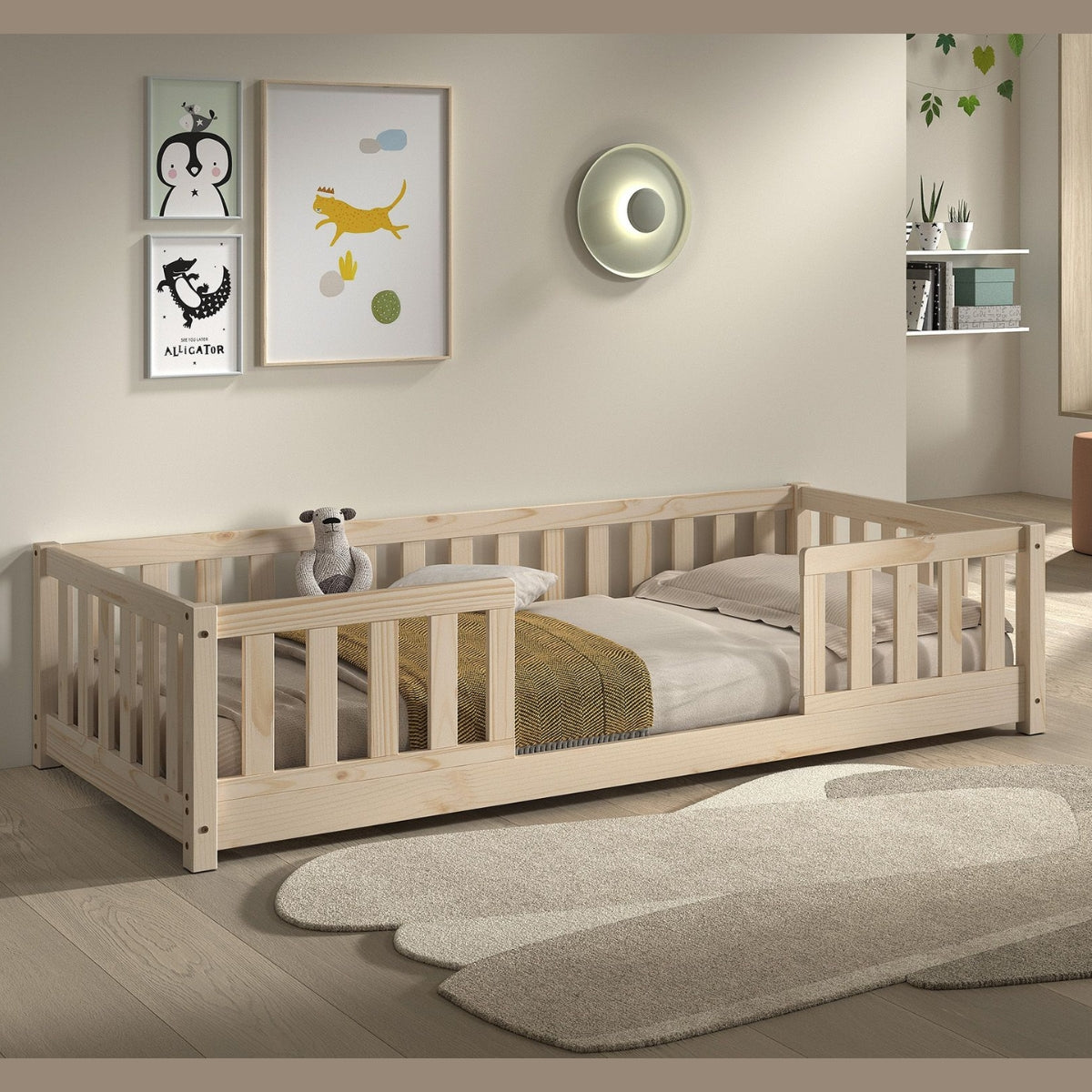 VIPACK natural wood montessori toddler floor bed with bed guard in modern bedroom