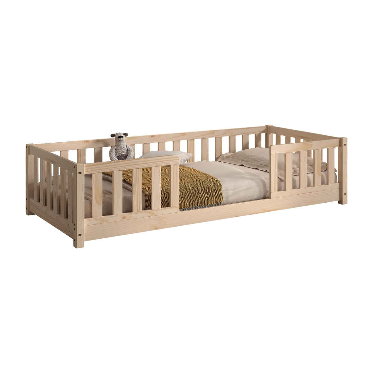 VIPACK DALLAS toddler montessori floor bed in natural wood on plain white background