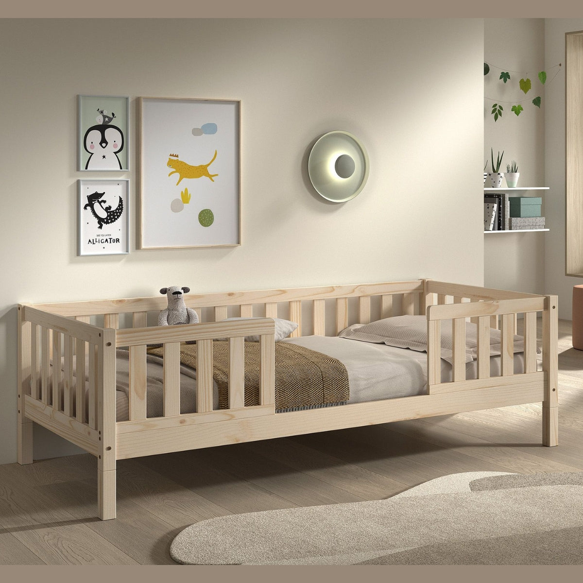 VIPACK montessori day bed in natural wood with bed guard side rail with opening for independent toddler access 