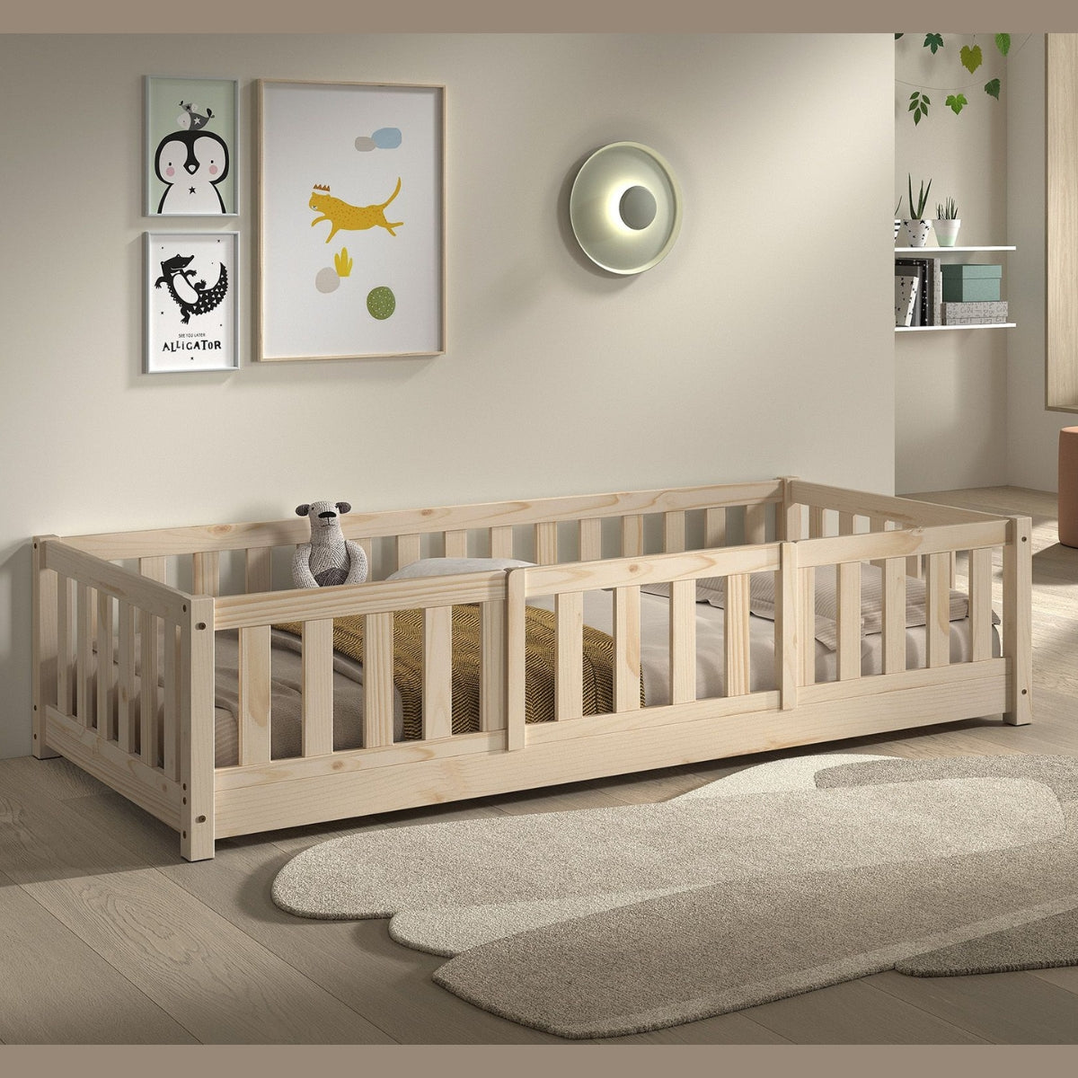 natural wood floor bed with bed guard for toddlers with in modern european nursery bedroom