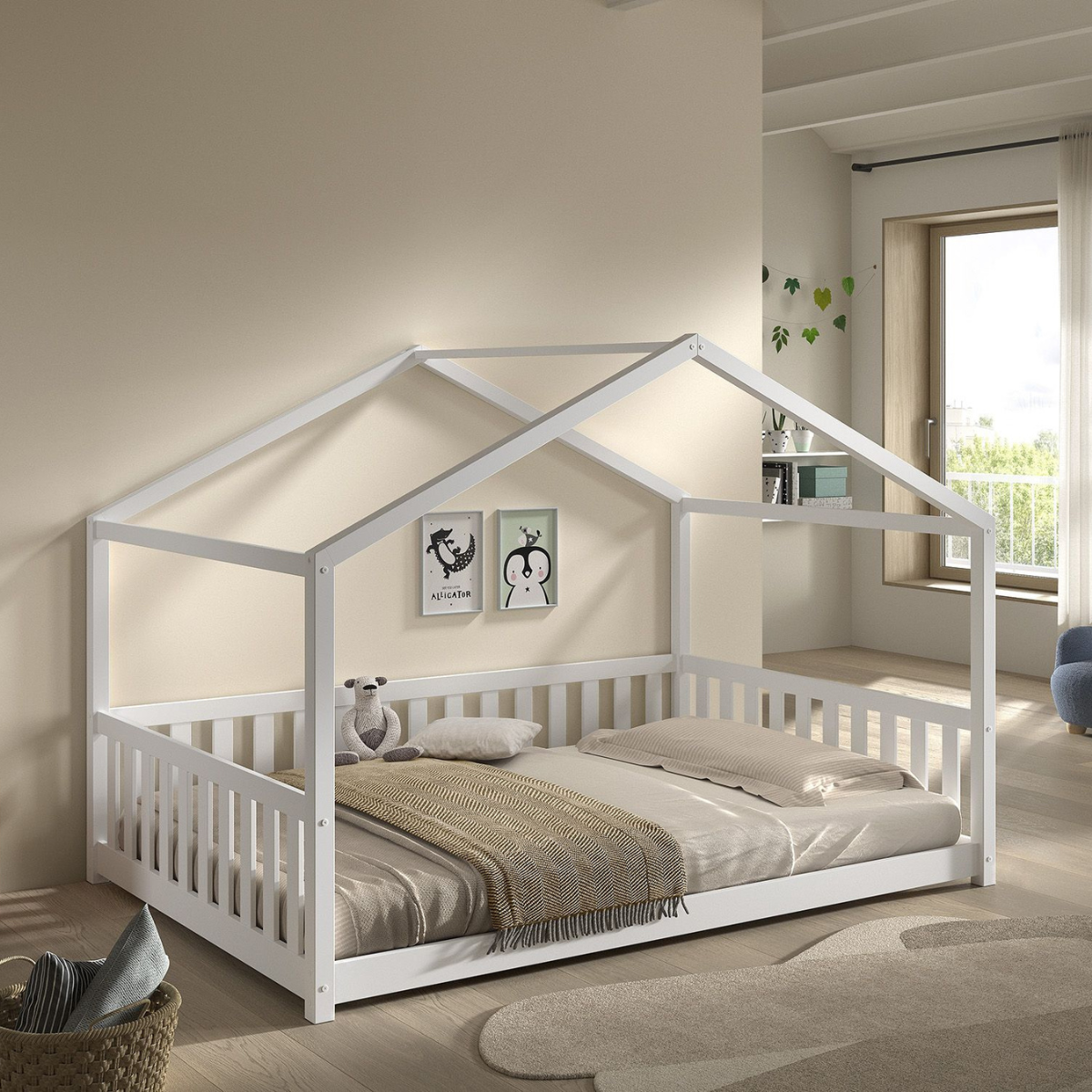 VIPACK DALLAS white montessori house shaped floor bed 140x200cm with mattress and pillow in bedroom with neutral decor 