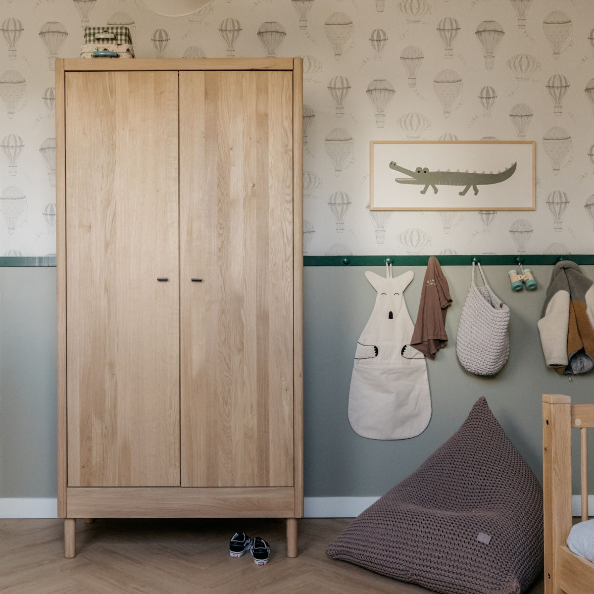 VIPACK FORREST solid oak 2 door wardrobe with shelves and hanging rail in modern nursery baby room