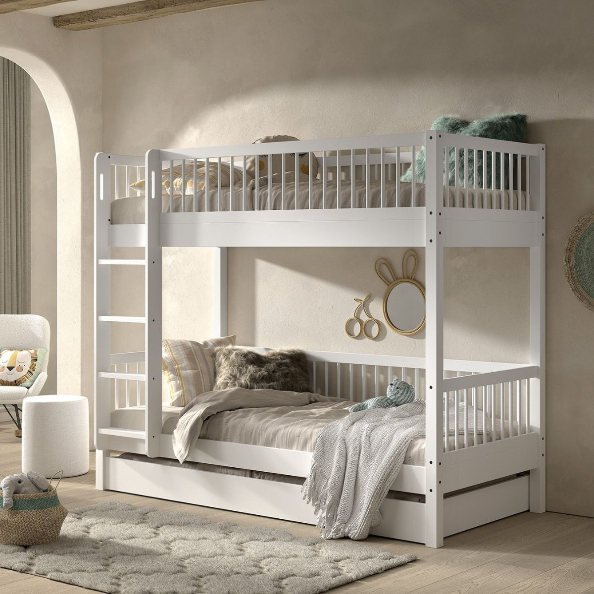 VIPACK FORREST bunk bed with white underbed storage drawer and pull-out trundle bed underneath in modern home