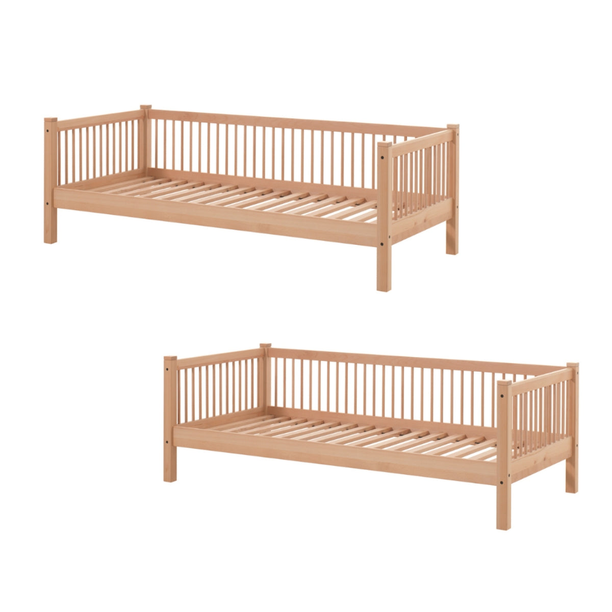VIPACK forrest beech bunk bed in natural wood converted into two single day beds on plain white background