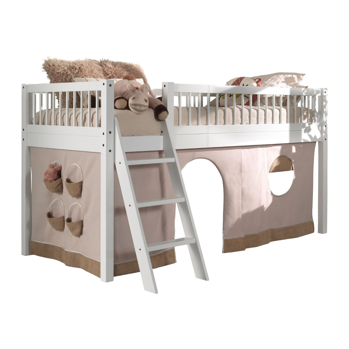 childrens mid sleeper bed in white with play tent underneath on plain white background