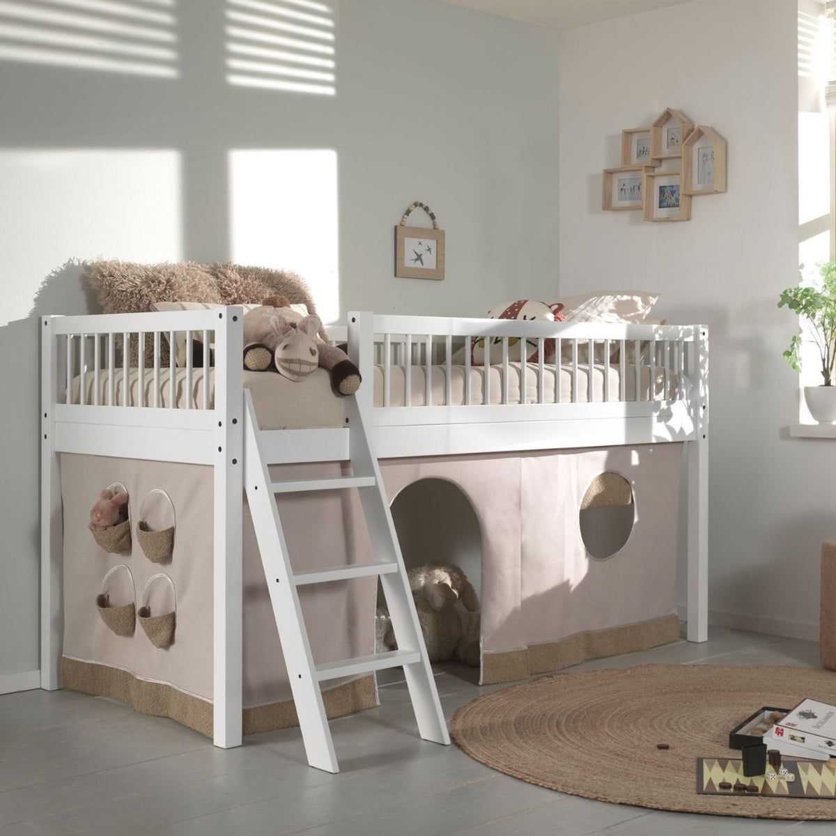 VIPACK FORREST Beech kids white mid sleeper bed with play tent in childrens bedroom