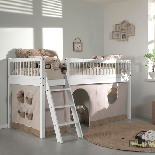 VIPACK FORREST Beech kids white mid sleeper bed with play tent in childrens bedroom