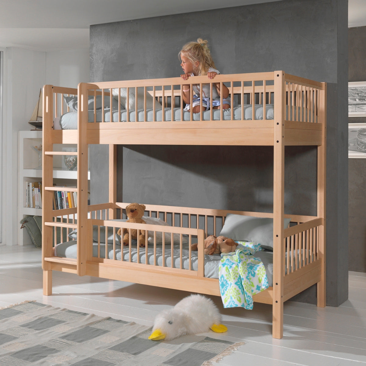 VIPACK FORREST beech natural bunk bed with bed guard in childrens shared bedroom