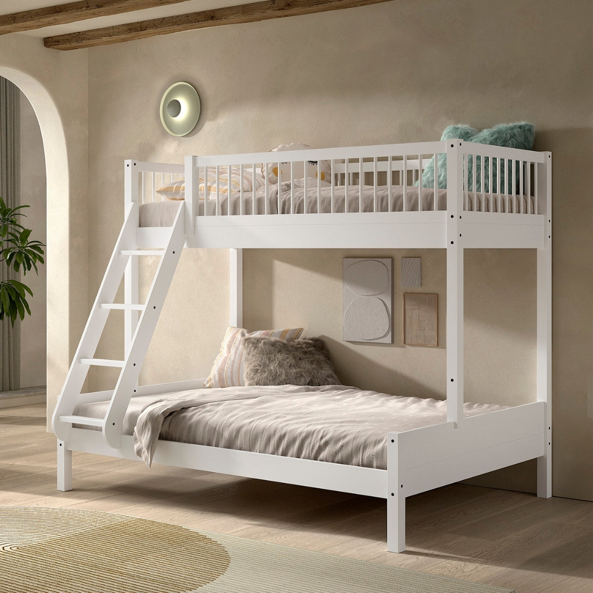 white triple sleeper bunk bed in white made from solid beech wood in modern bedroom