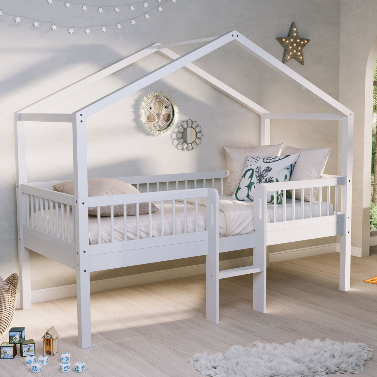 VIPACK FORREST European single house bed with ladder 90 x 200cm white