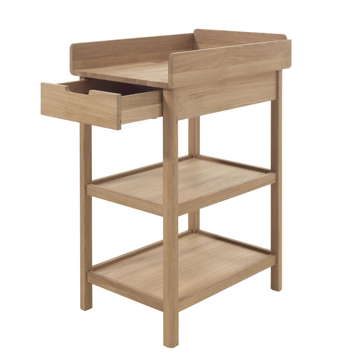 Solid oak wooden baby changing table with open drawer and two storage shelves on a white background