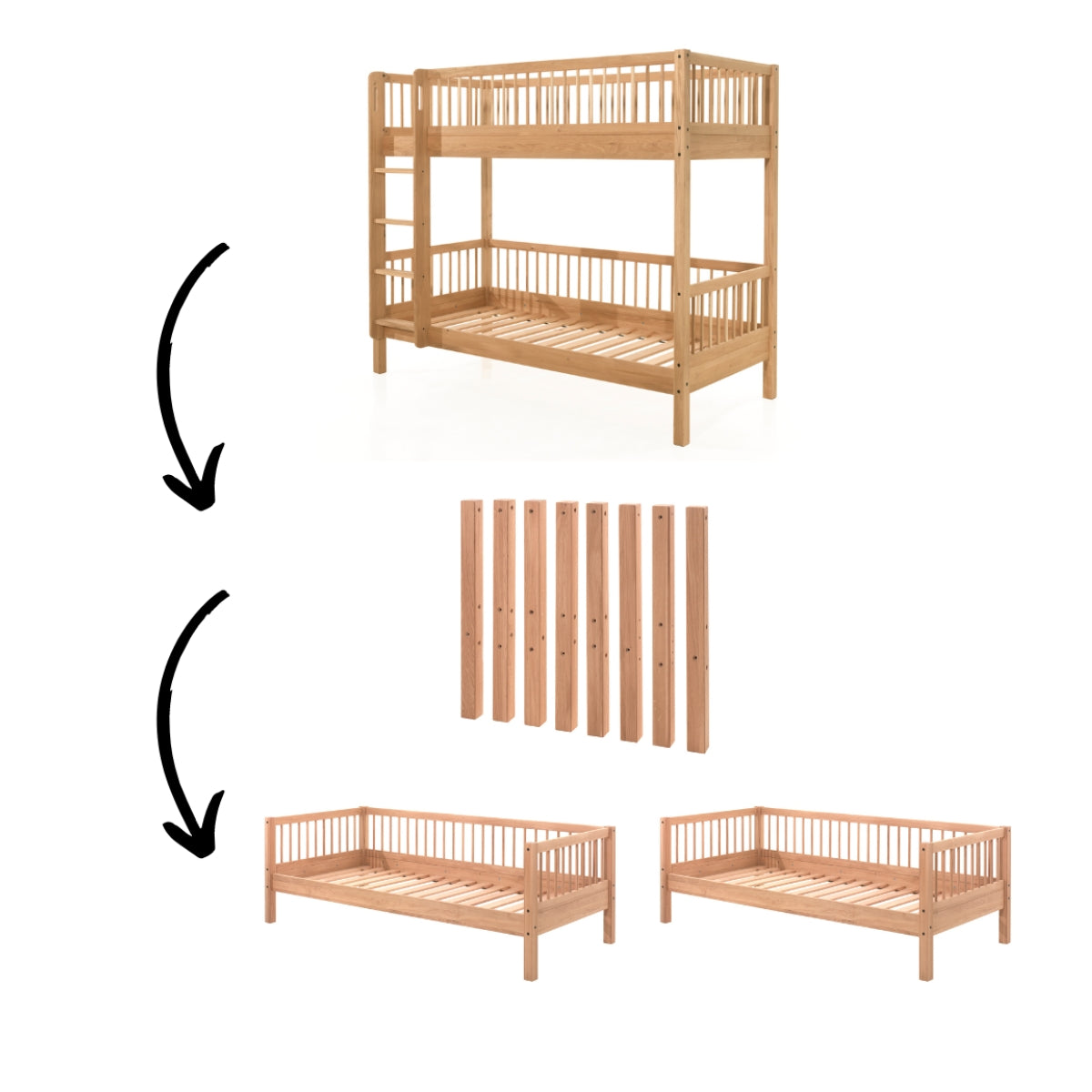 image showing VIPACK FORREST oak kids bunk bed being converted into two single day beds